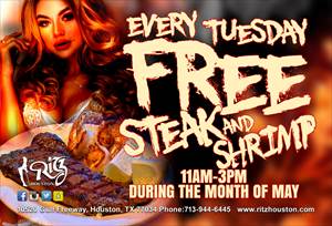 tuesday Free Steak N Shrinp During the Month of May